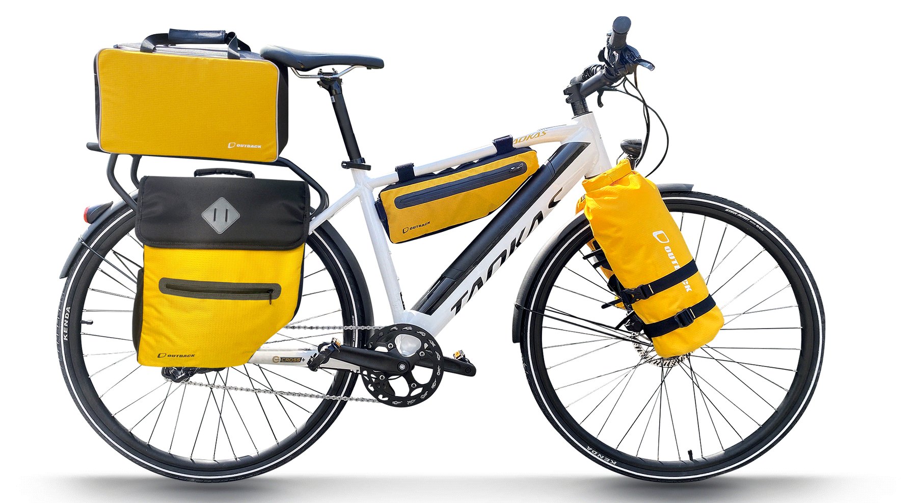 A bicycle carrying OUTBACK yellow bags: trunk bag, rear pannier, frame bag and fork bag