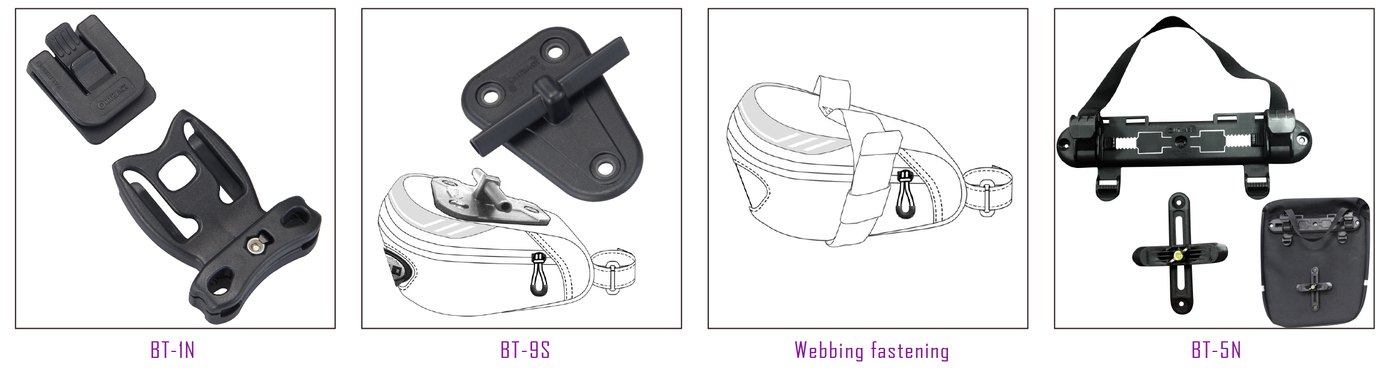 Line drawings of four bike bag retention systems